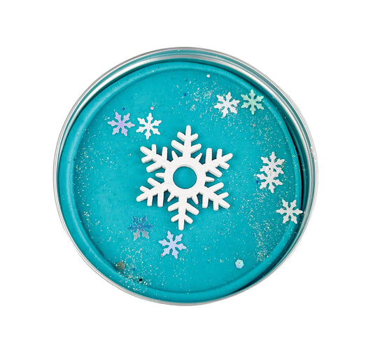 Ice Blue Playdough tin with wooden snowflake and snowflakes for an eco friendly party bag filler