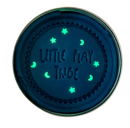 Glowing blue playdough  with 'Little Play Tribe' text on a white background
