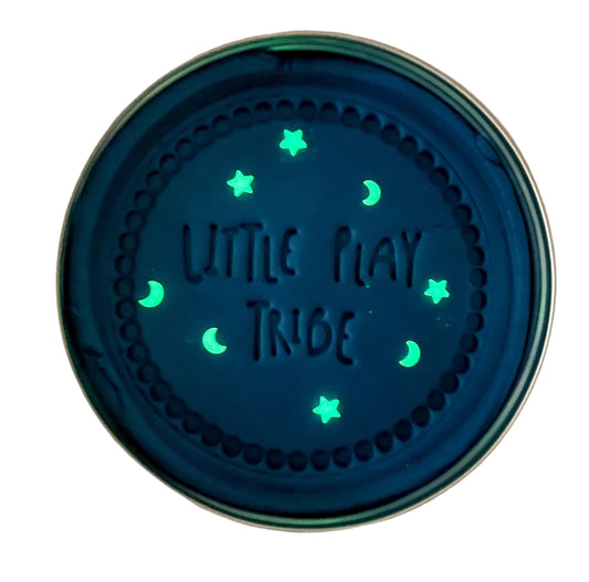 Glowing blue playdough  with 'Little Play Tribe' text on a white background