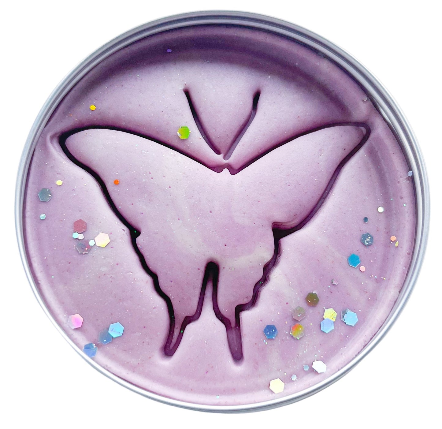 Round purple object with butterfly design on a white background