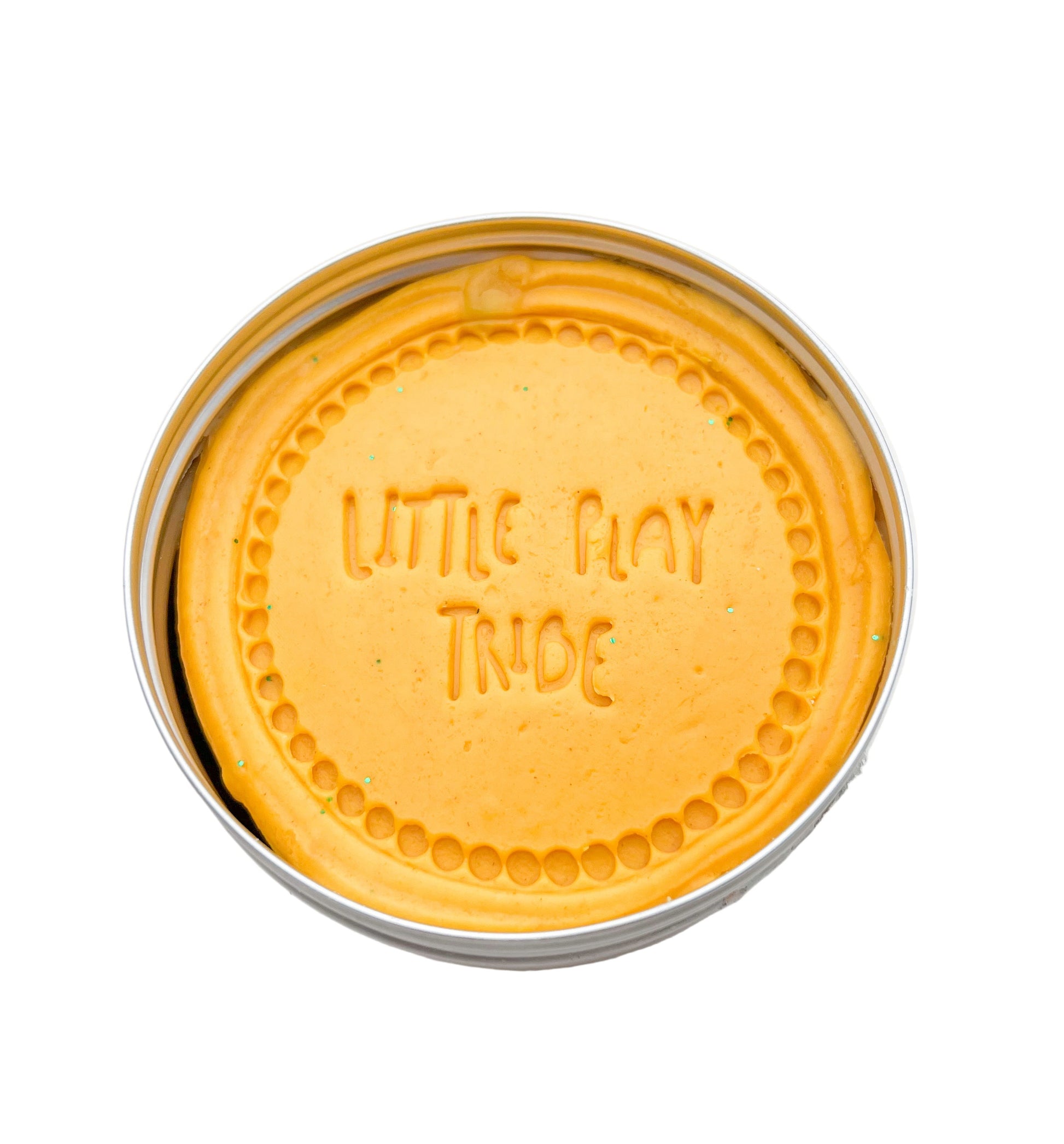50g tin of yellow playdough imprinted with Little Play Tribe stamp. Filled with blue playdough and green glitter which combines for a magic colour changing screen free activity