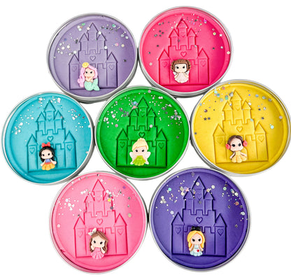 Set of colorful play dough party fillers with imprinted castle and fairy resin topper with glitter sensory dough