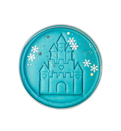 Ice Blue Playdough tin with printed castle and snowflakes for an eco friendly party bag filler