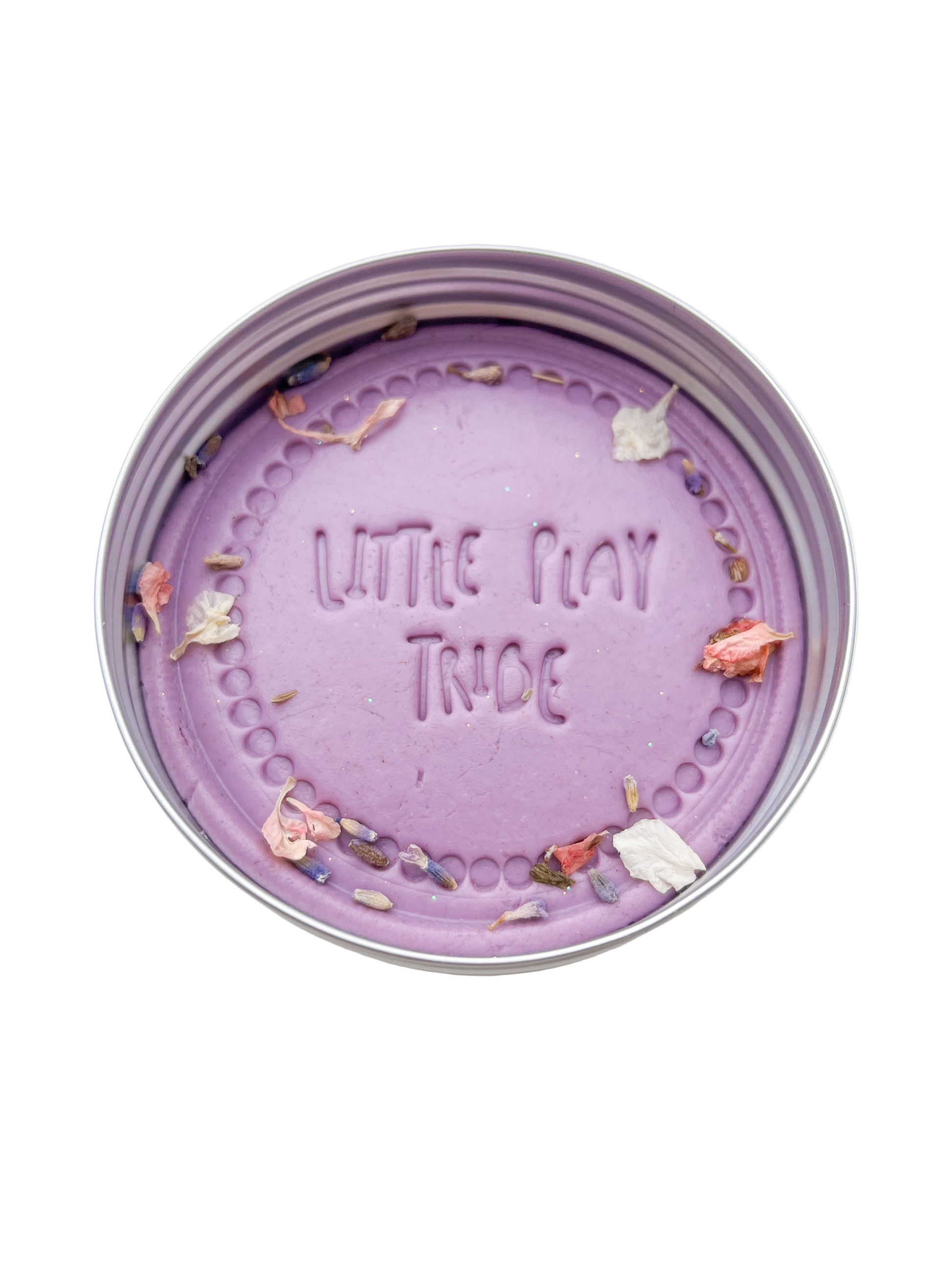 250g Maxi Playdough Tub filled with lavender scented sensory playdough. Printed with Little Play Tribe imprint 