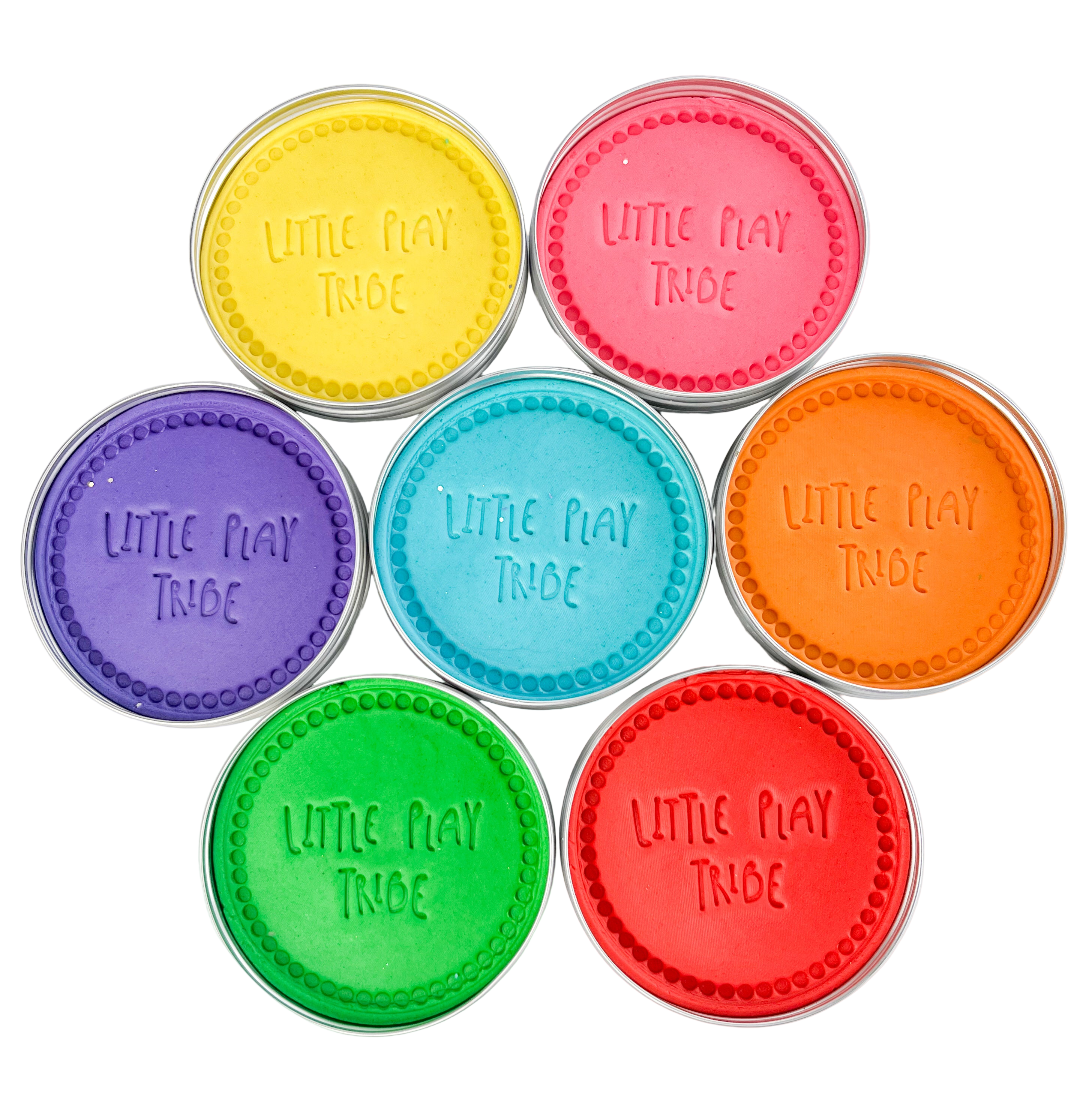 7 pots of coloured playdough in 250g maxi tubs for sensory play. Screen Free eco friendly sensory dough with scented coloured playdough. Full rainbow set of colours