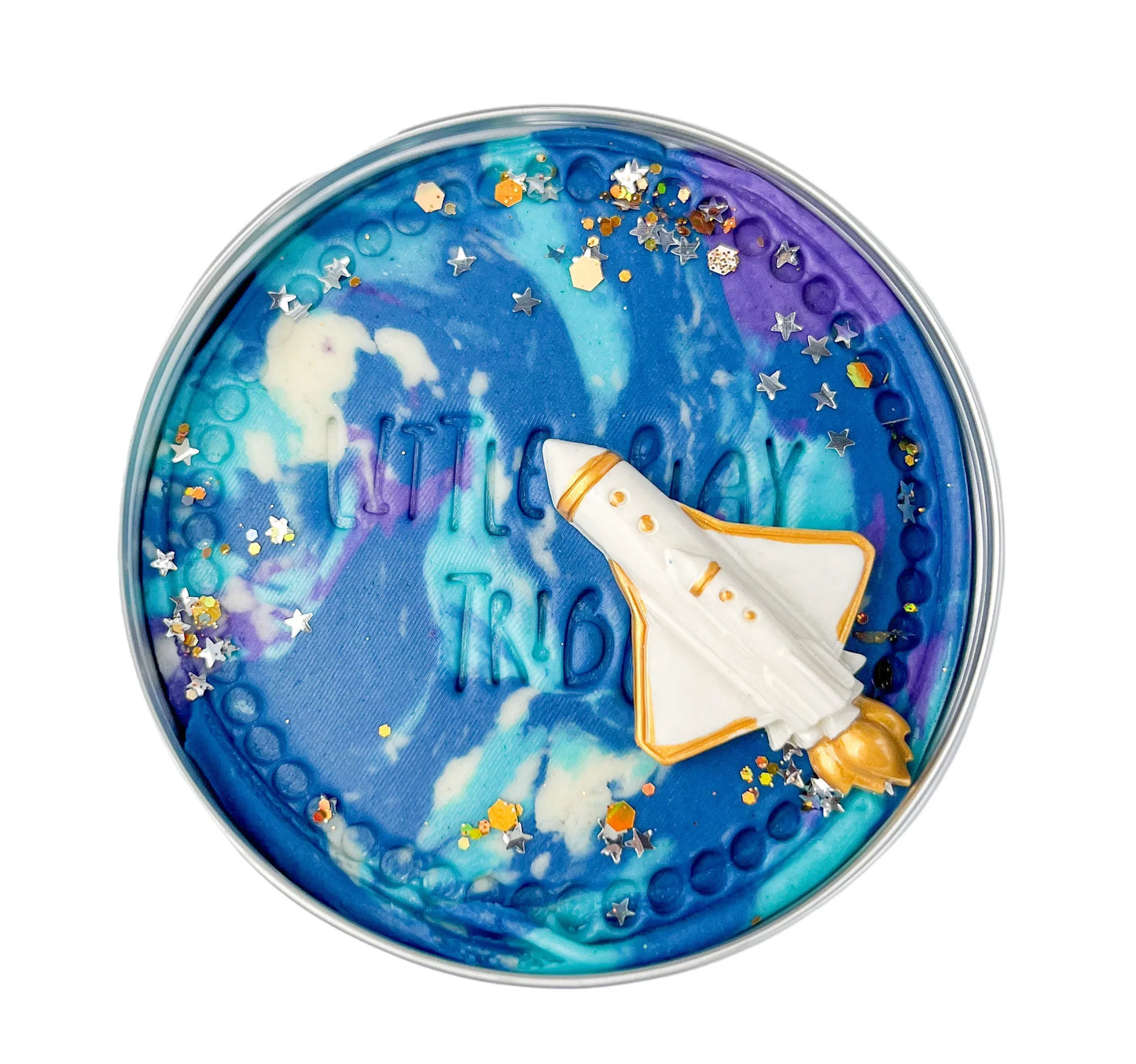 Space themed tin of sensory scented galaxy playdough for alternative eco friendly party bag fillers for space themed kids birthday parties