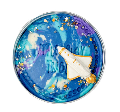 Space themed tin of sensory scented galaxy playdough for alternative eco friendly party bag fillers for space themed kids birthday parties