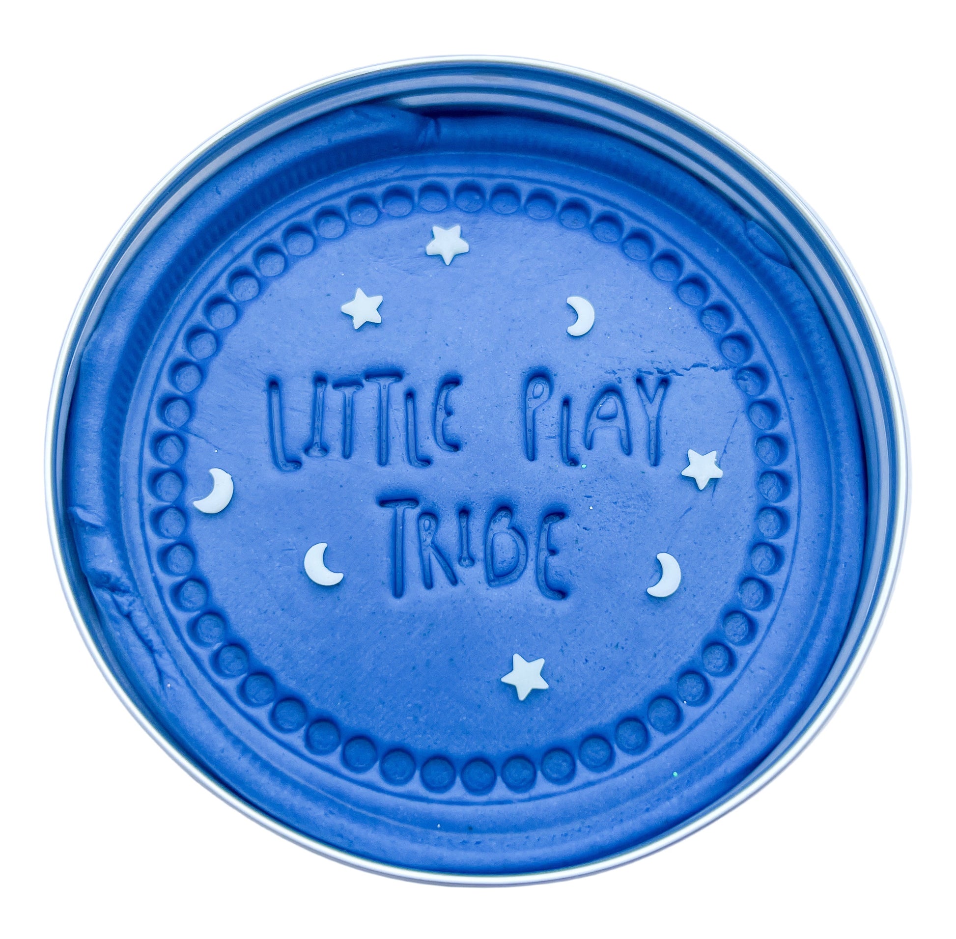 Blue Scented sensory playdough potted in a reusable tin with glow in the dark moon and stars