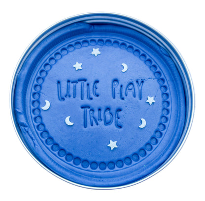 Blue Scented sensory playdough potted in a reusable tin with glow in the dark moon and stars