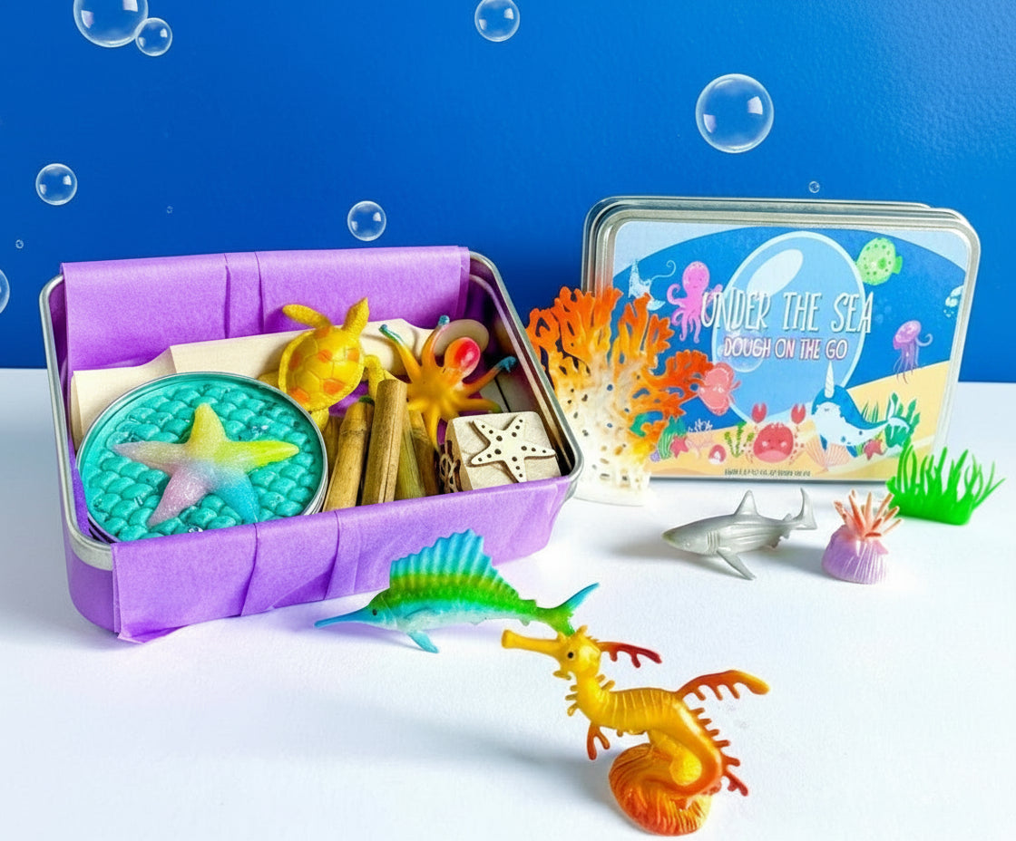 Under the sea theme playdough tin for screen free travel fun and sensory play